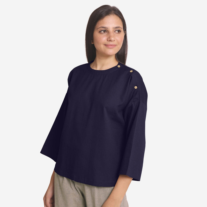 Left View of a Model wearing Navy Blue Cotton Flax Flared A-Line Top