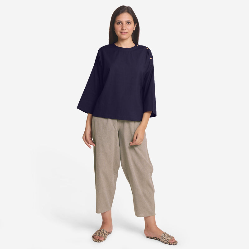 Front View of a Model wearing Navy Blue Cotton Flax Flared A-Line Top