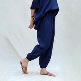 Right View of a Model wearing Navy Blue Cotton Flax High-Rise Elasticated Jogger Pant