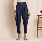 Navy Blue Cotton Flax High-Rise Pegged Chino Pant