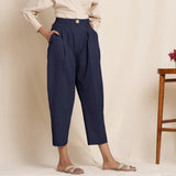 Navy Blue Cotton Flax High-Rise Pegged Chino Pant