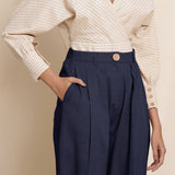 Navy Blue Cotton Flax High-Rise Pegged Chino Pant