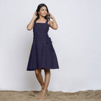 Navy Blue Cotton Flax Knee Length Princess Line Dress