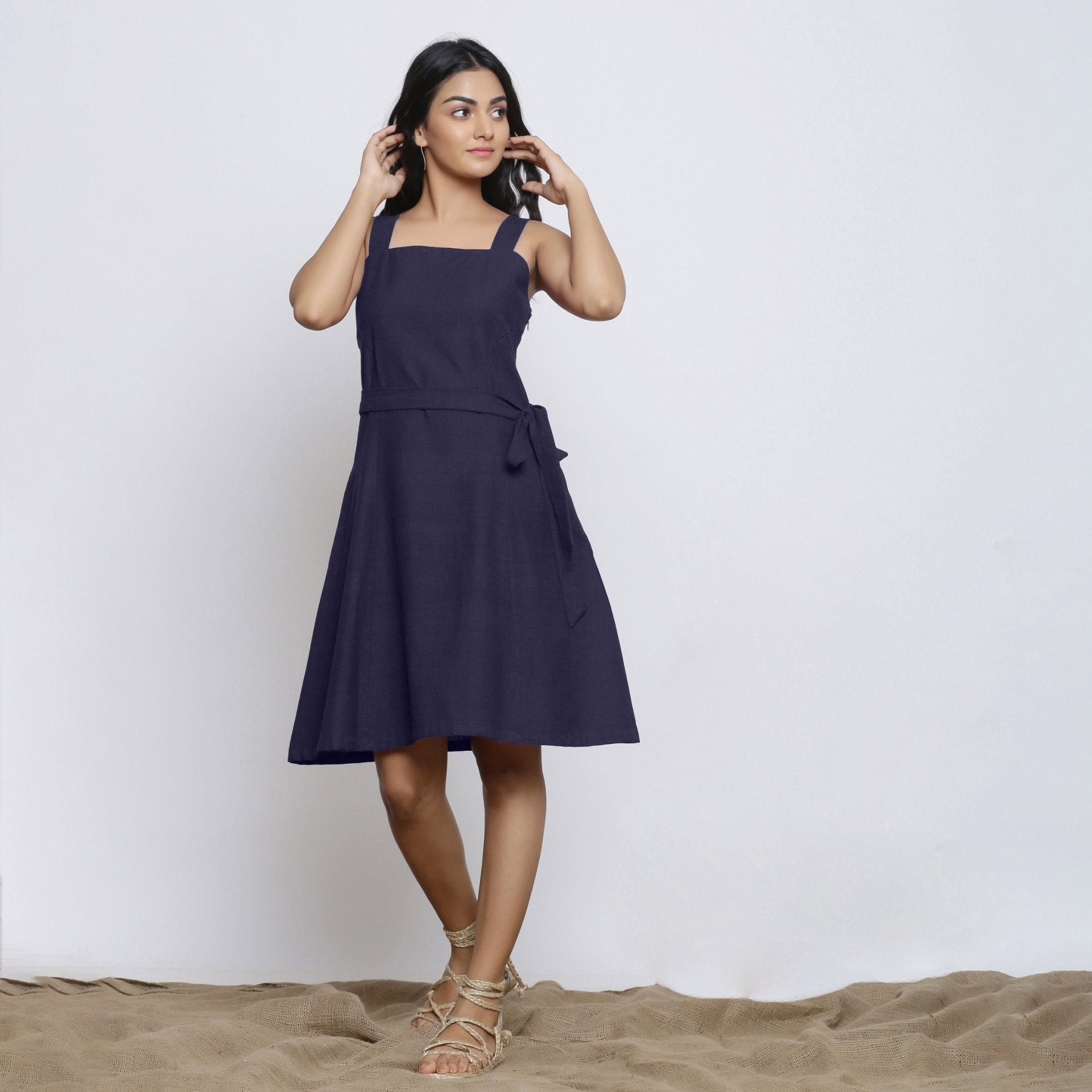Navy Blue Cotton Flax Knee Length Princess Line Dress