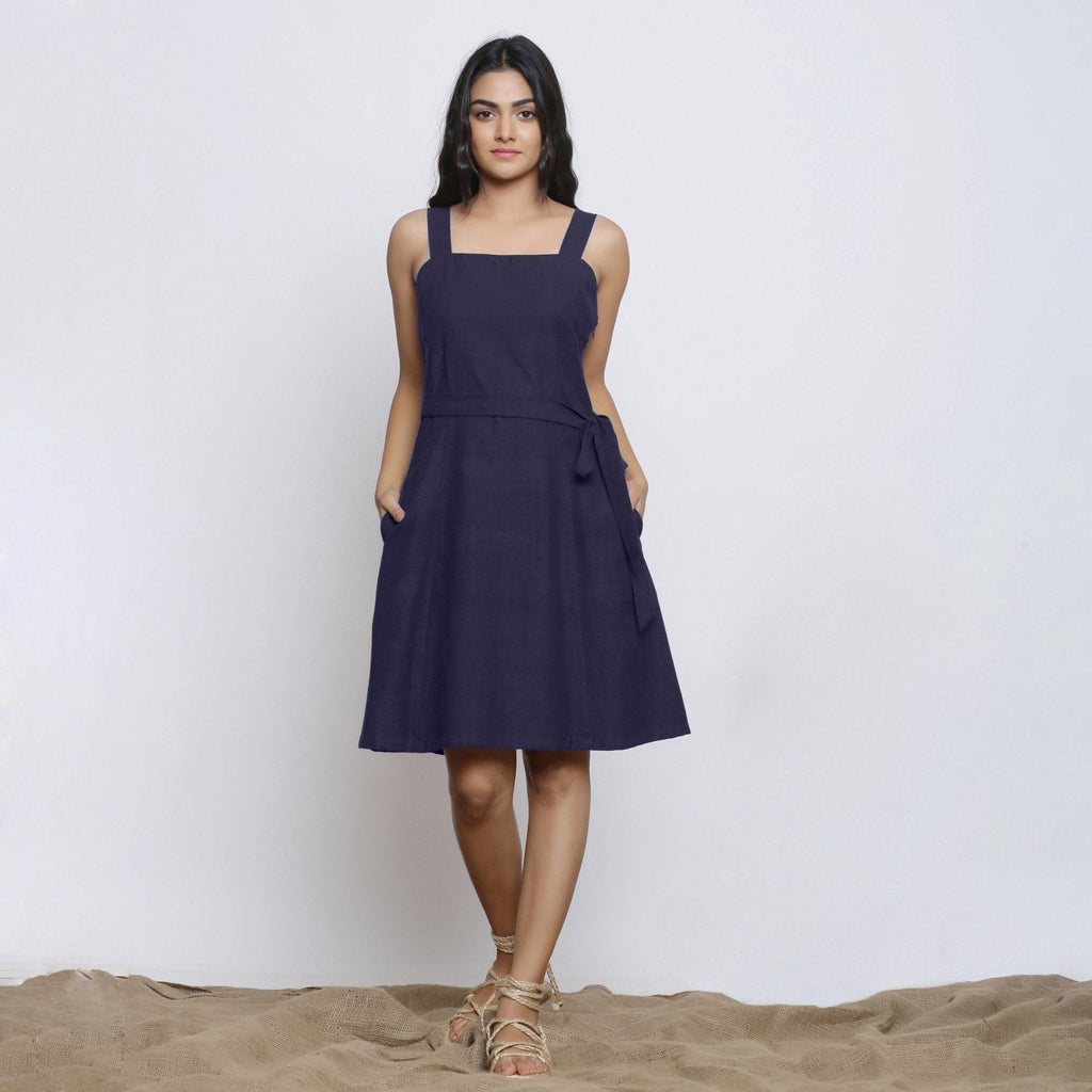 Navy Blue Cotton Flax Knee Length Princess Line Dress