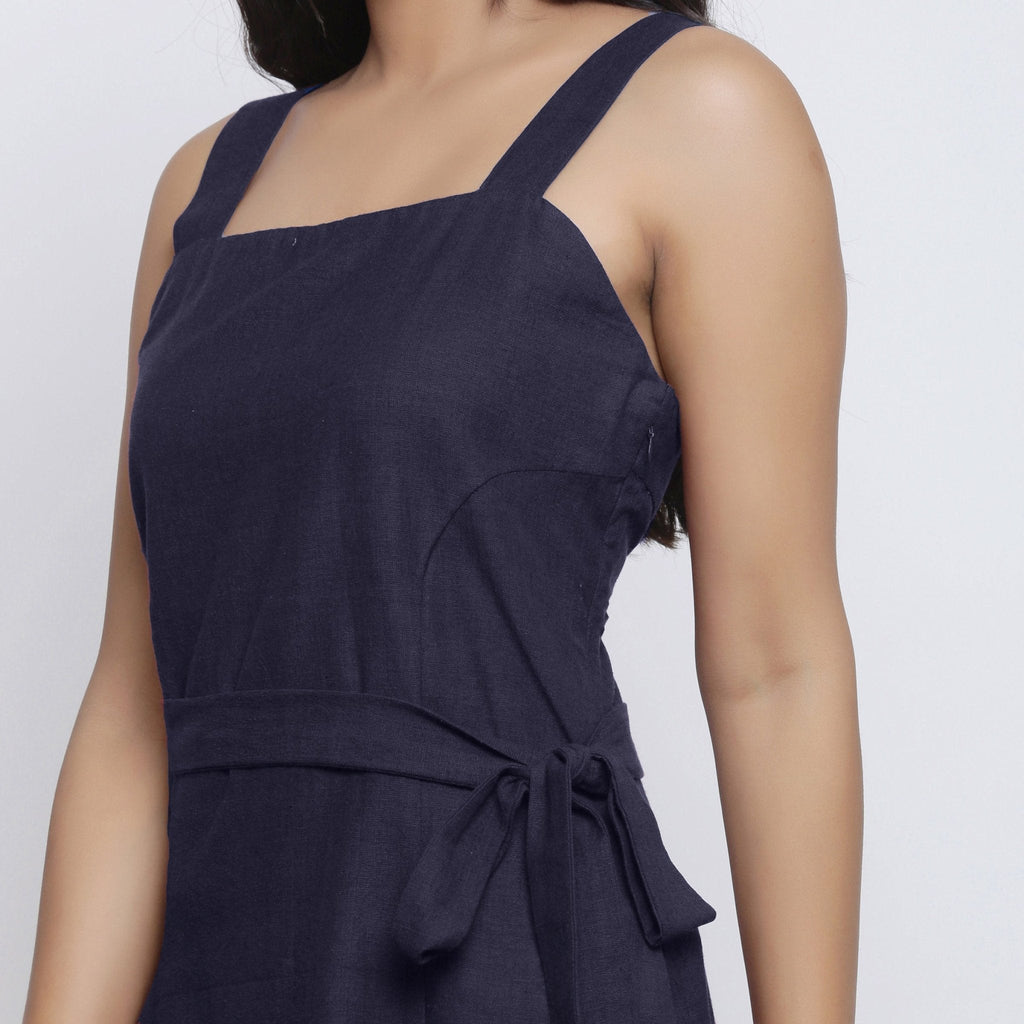 Navy Blue Cotton Flax Knee Length Princess Line Dress