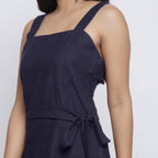 Navy Blue Cotton Flax Knee Length Princess Line Dress