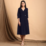 Navy Blue Cotton Flax Notched Collar Midi Pleated Wrap Dress