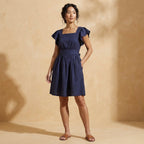 Navy Blue Cotton Flax Open-Back Fit and Flare Knee Length Dress