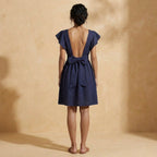 Navy Blue Cotton Flax Open-Back Fit and Flare Knee Length Dress