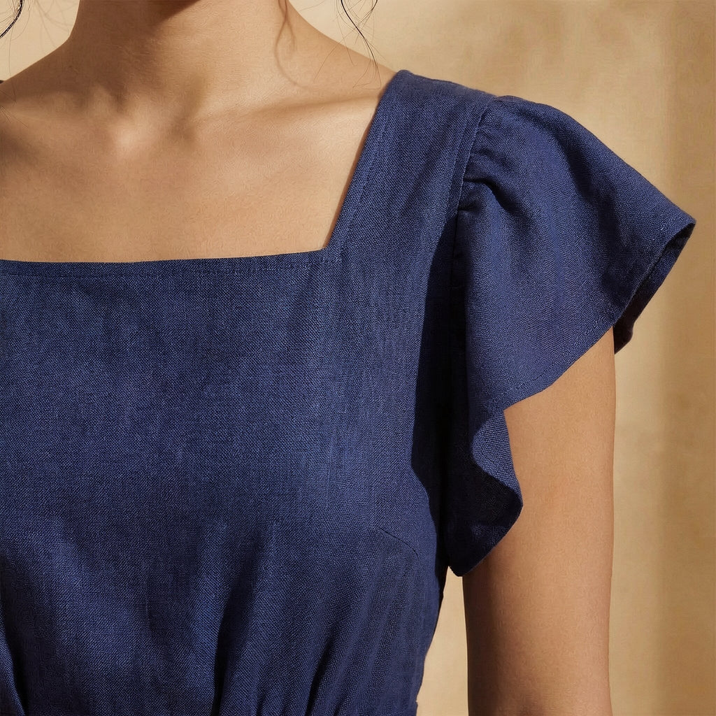 Navy Blue Cotton Flax Open-Back Fit and Flare Knee Length Dress