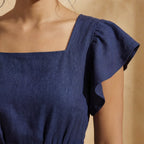 Navy Blue Cotton Flax Open-Back Fit and Flare Knee Length Dress