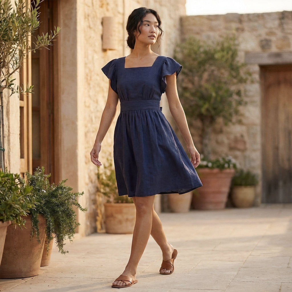 Navy Blue Cotton Flax Open-Back Fit and Flare Knee Length Dress