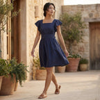 Navy Blue Cotton Flax Open-Back Fit and Flare Knee Length Dress