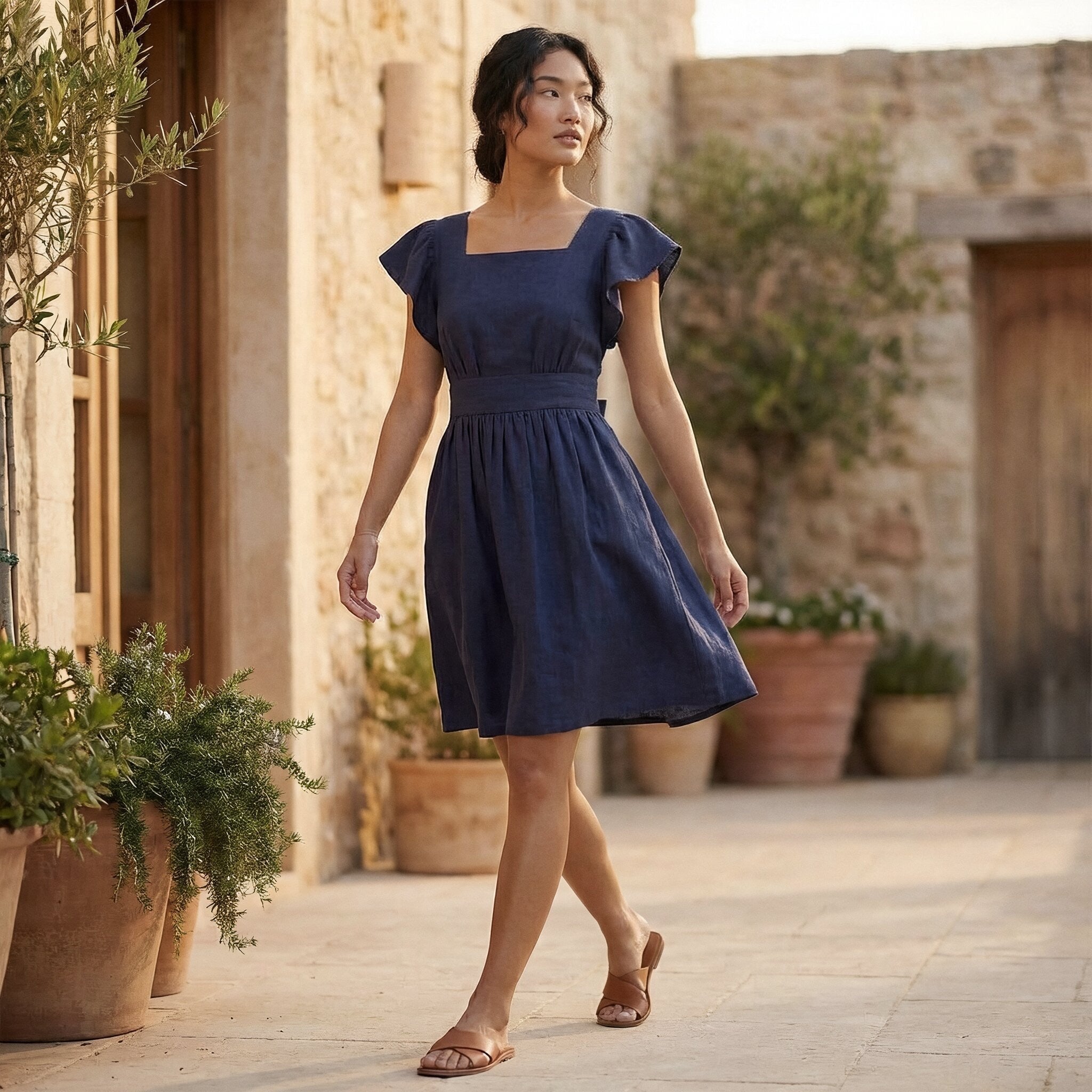 Navy Blue Cotton Flax Open-Back Fit and Flare Knee Length Dress