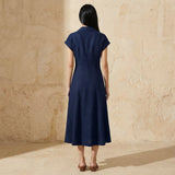 Navy Blue Cotton Flax Paneled A-Line Midi Dress