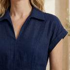 Navy Blue Cotton Flax Paneled A-Line Midi Dress
