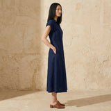 Navy Blue Cotton Flax Paneled A-Line Midi Dress