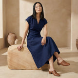 Navy Blue Cotton Flax Paneled A-Line Midi Dress