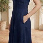 Navy Blue Cotton Flax Paneled A-Line Midi Dress