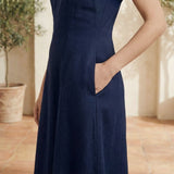Navy Blue Cotton Flax Paneled A-Line Midi Dress