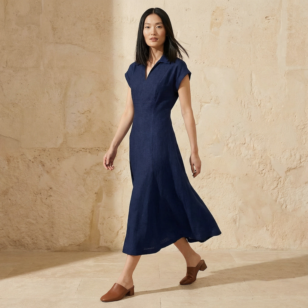 Navy Blue Cotton Flax Paneled A-Line Midi Dress
