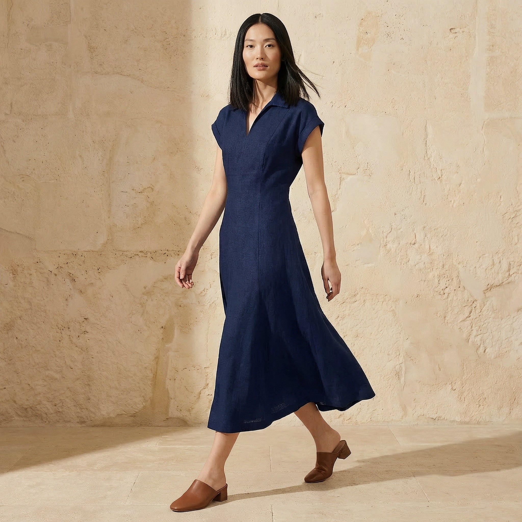 Navy Blue Cotton Flax Paneled A-Line Midi Dress