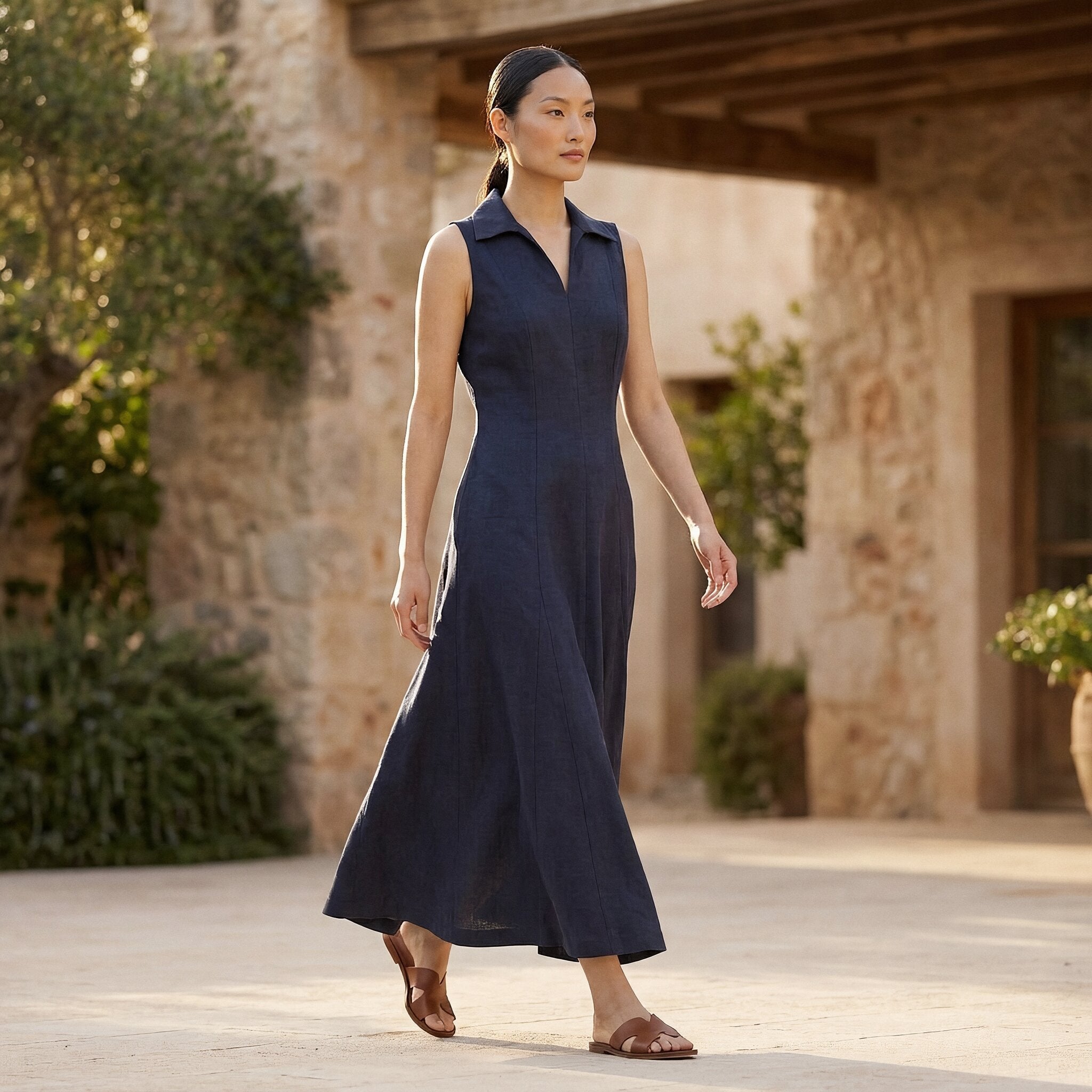 Navy Blue Cotton Flax Paneled Sleeveless Maxi Dress