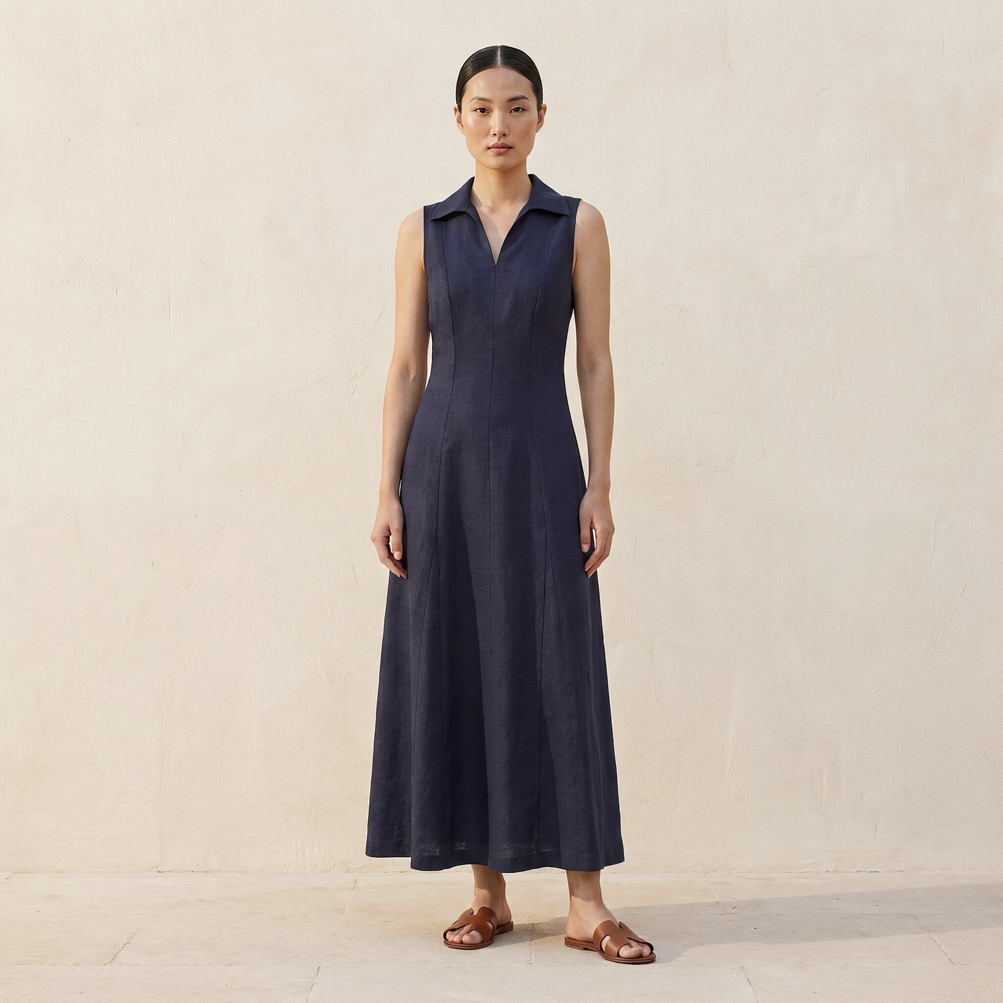 Navy Blue Cotton Flax Paneled Sleeveless Maxi Dress
