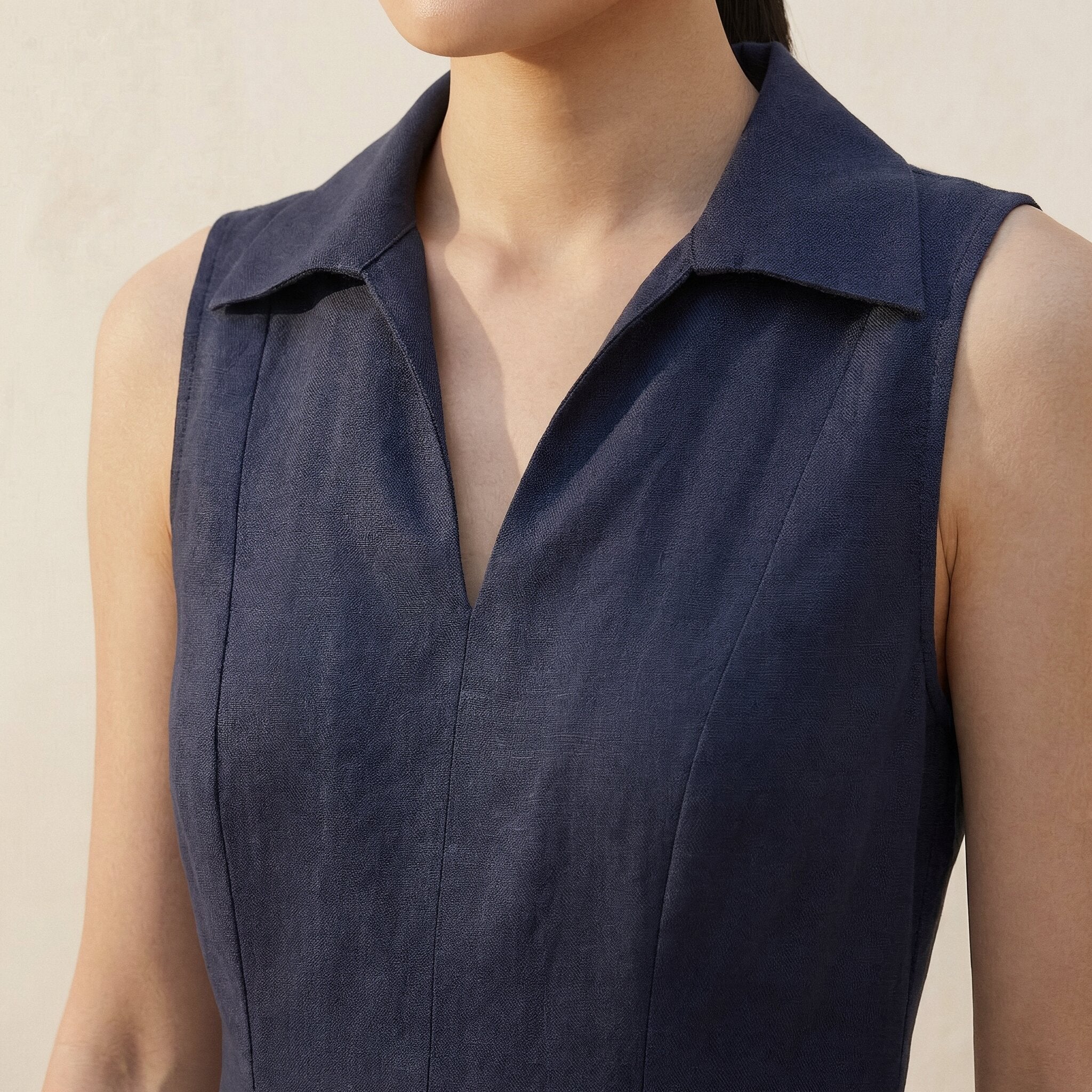Navy Blue Cotton Flax Paneled Sleeveless Maxi Dress