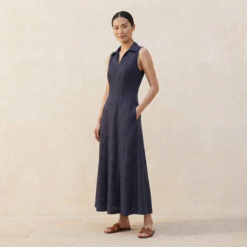 Navy Blue Cotton Flax Paneled Sleeveless Maxi Dress