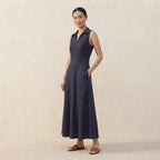 Navy Blue Cotton Flax Paneled Sleeveless Maxi Dress