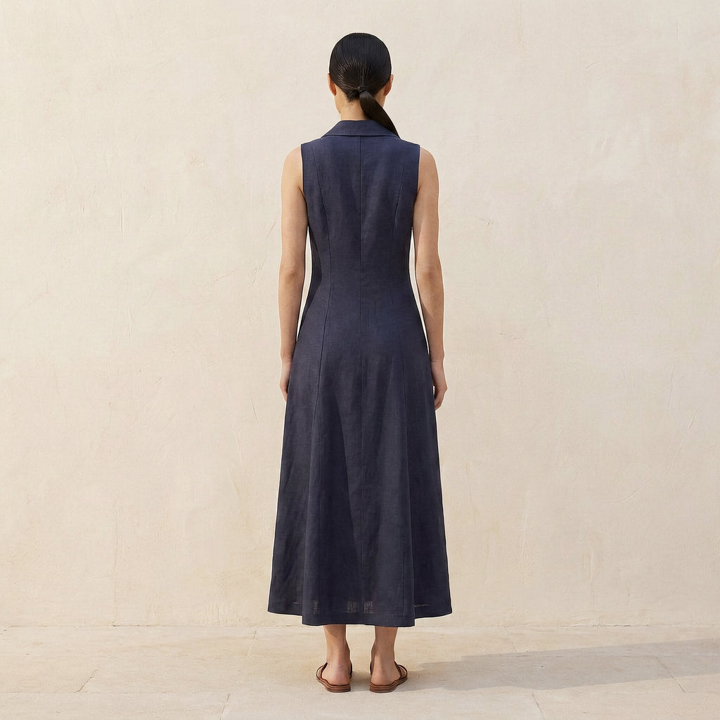 Navy Blue Cotton Flax Paneled Sleeveless Maxi Dress