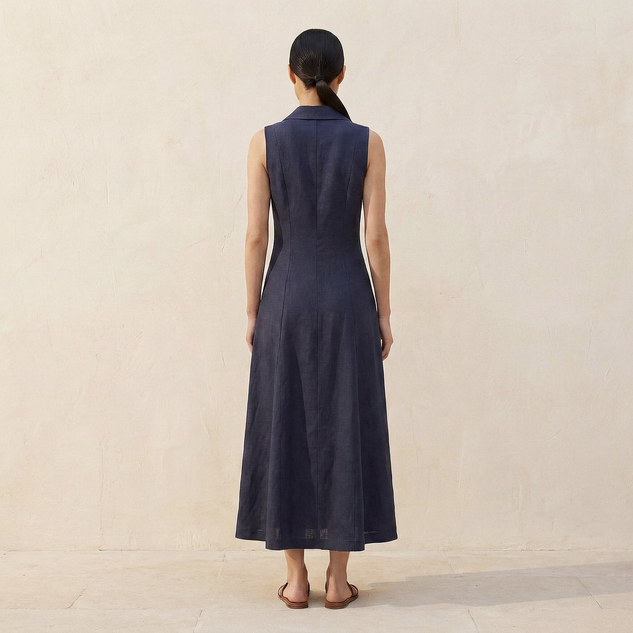 Navy Blue Cotton Flax Paneled Sleeveless Maxi Dress