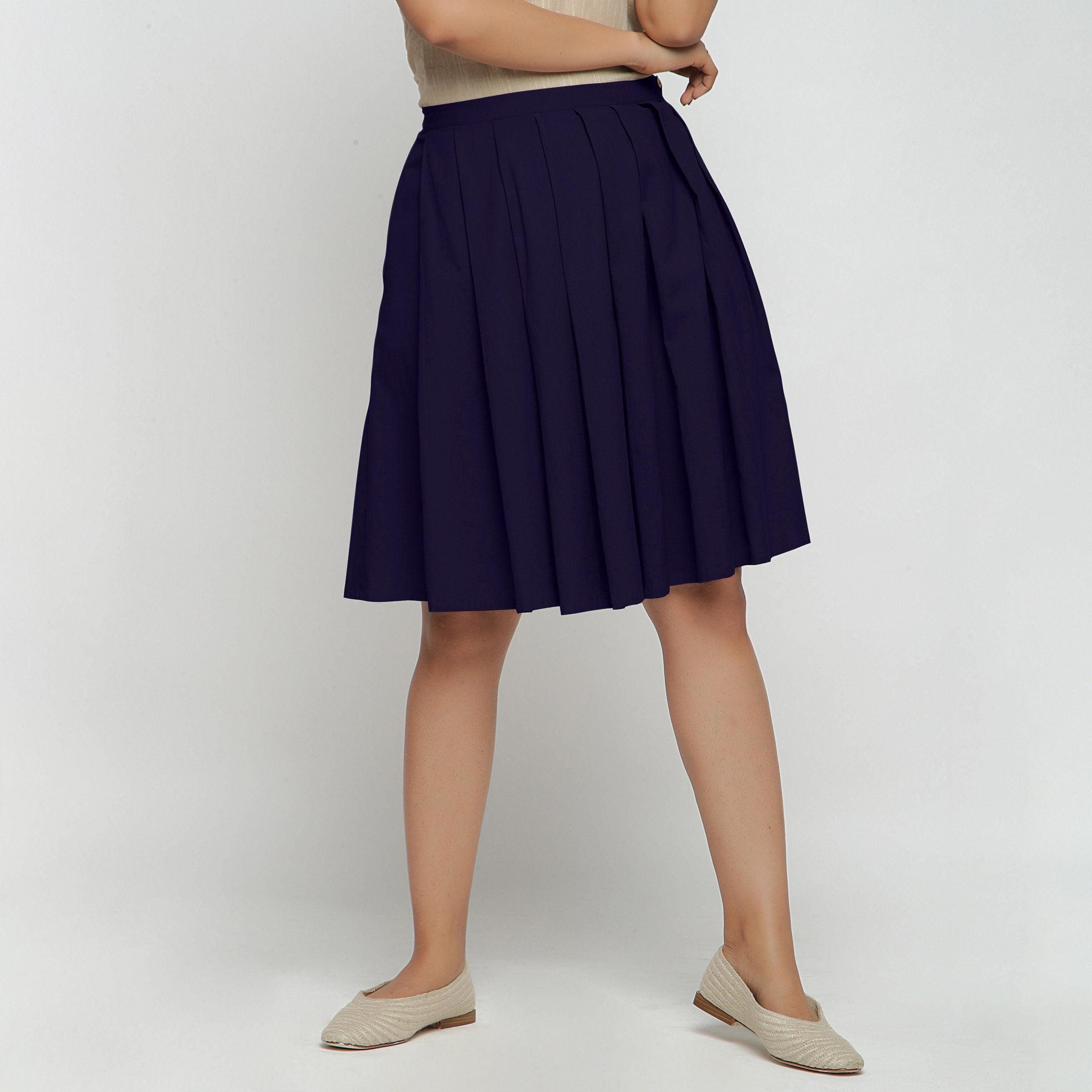 Front View of a Model wearing Navy Blue Cotton Flax Pleated Skirt