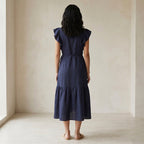 Navy Blue Cotton Flax Ruffle Midi Wrap Dress