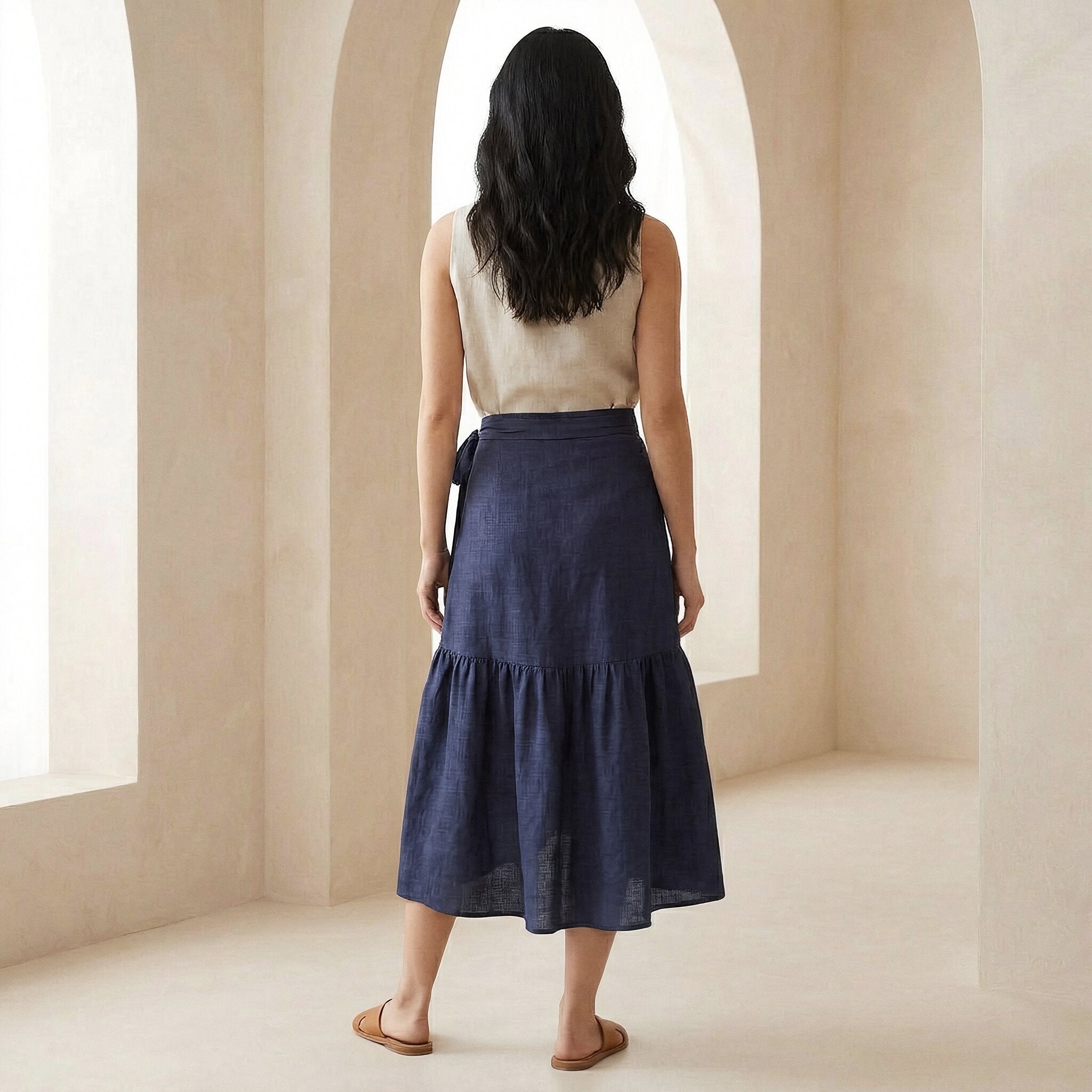 Navy Blue Cotton Flax Ruffle Midi Wrap Skirt