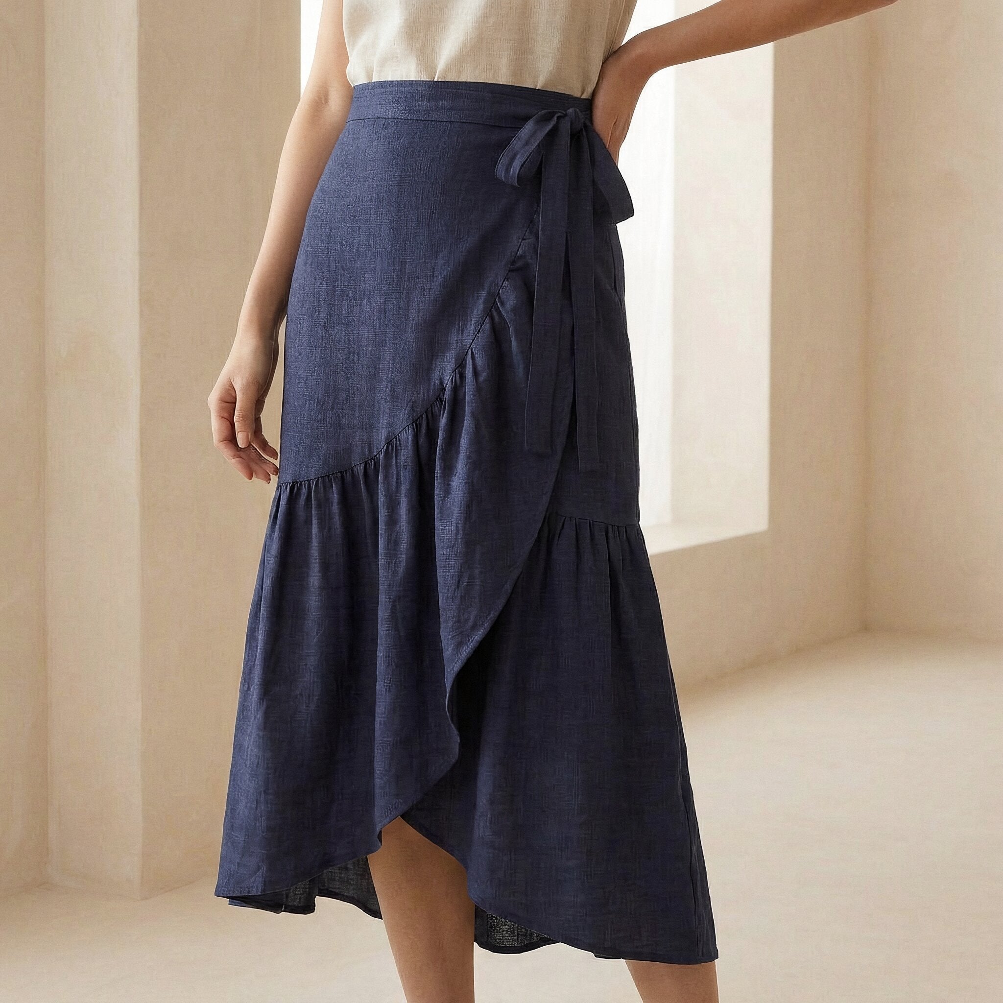 Navy Blue Cotton Flax Ruffle Midi Wrap Skirt