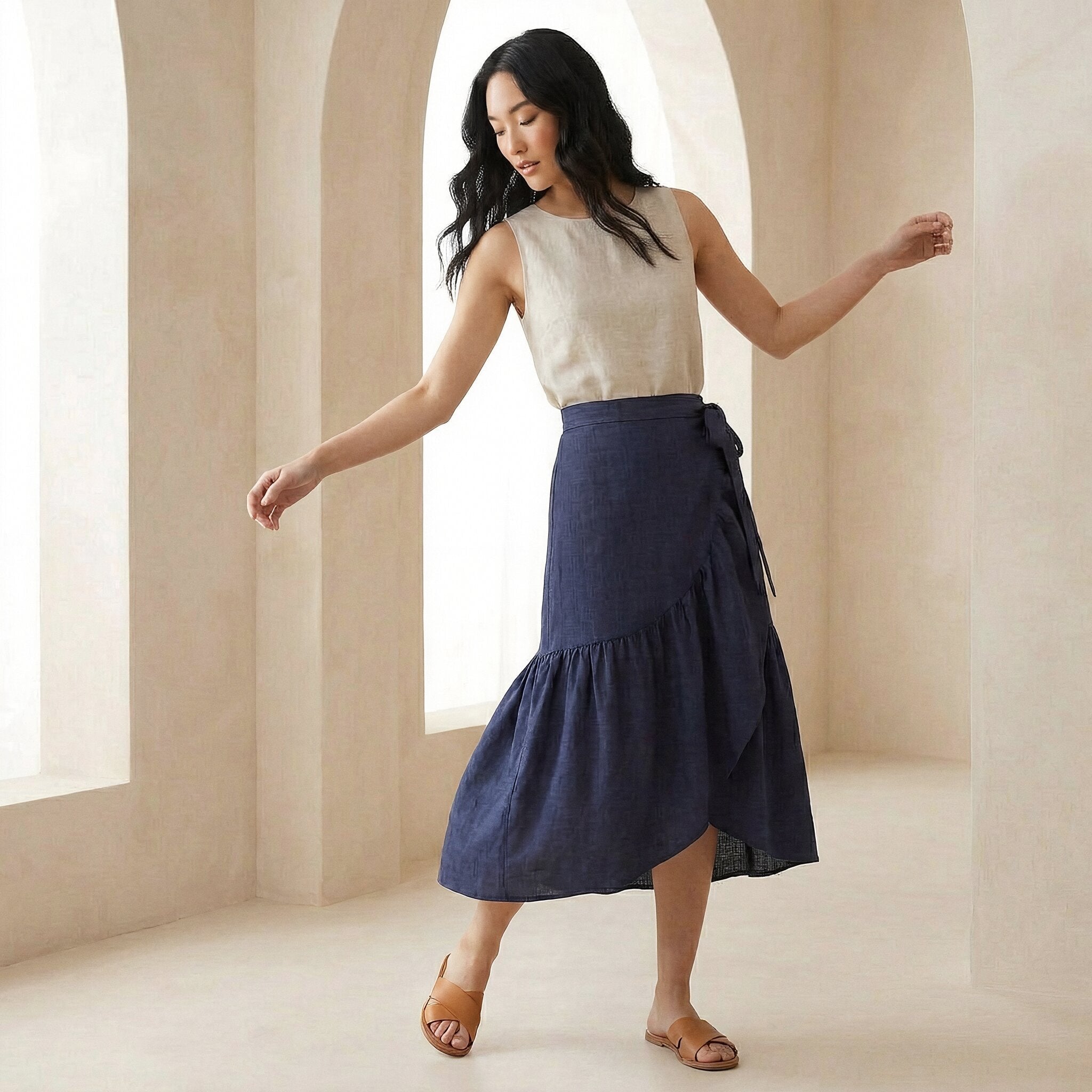 Navy Blue Cotton Flax Ruffle Midi Wrap Skirt