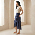 Navy Blue Cotton Flax Ruffle Midi Wrap Skirt