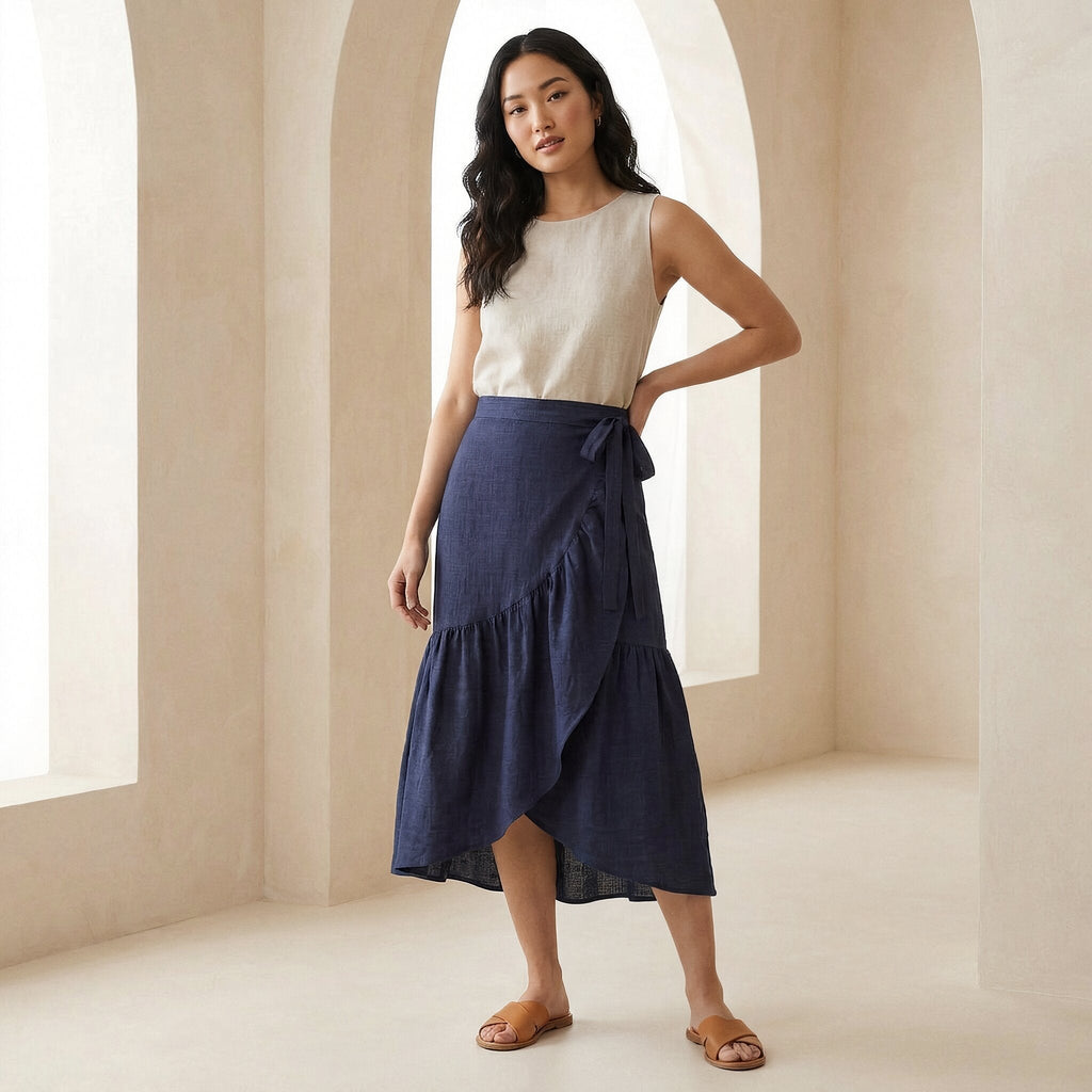 Navy Blue Cotton Flax Ruffle Midi Wrap Skirt