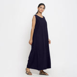 Navy Blue Cotton Flax Scoop Neck Sleeveless Maxi Dress