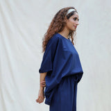 Right View of a Model wearing Navy Blue Cotton Flax Short Kaftan Top