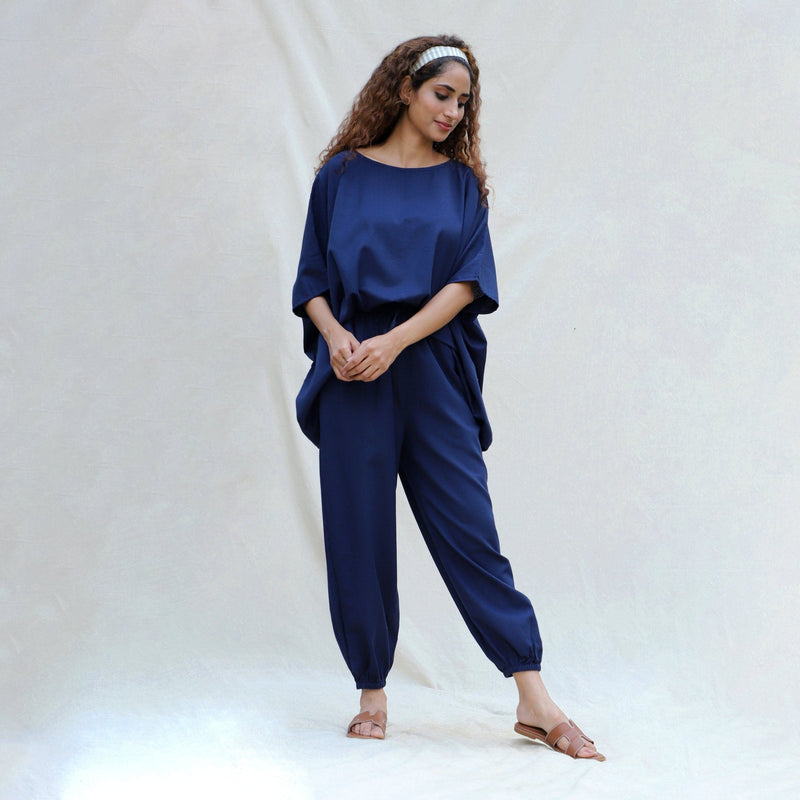 Front View of a Model wearing Navy Blue Cotton Flax Short Kaftan Top