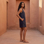 Navy Blue Cotton Flax Sleeveless A-Line Short Shift Dress
