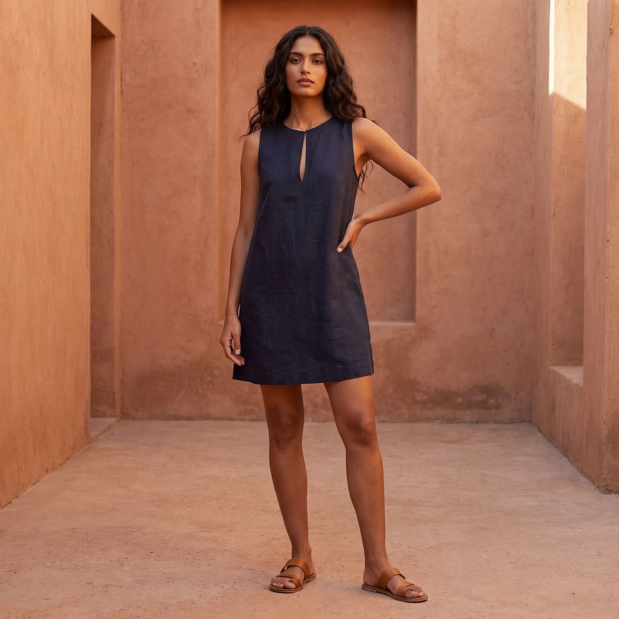 Navy Blue Cotton Flax Sleeveless A-Line Short Shift Dress