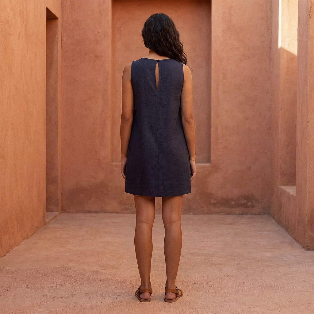 Navy Blue Cotton Flax Sleeveless A-Line Short Shift Dress