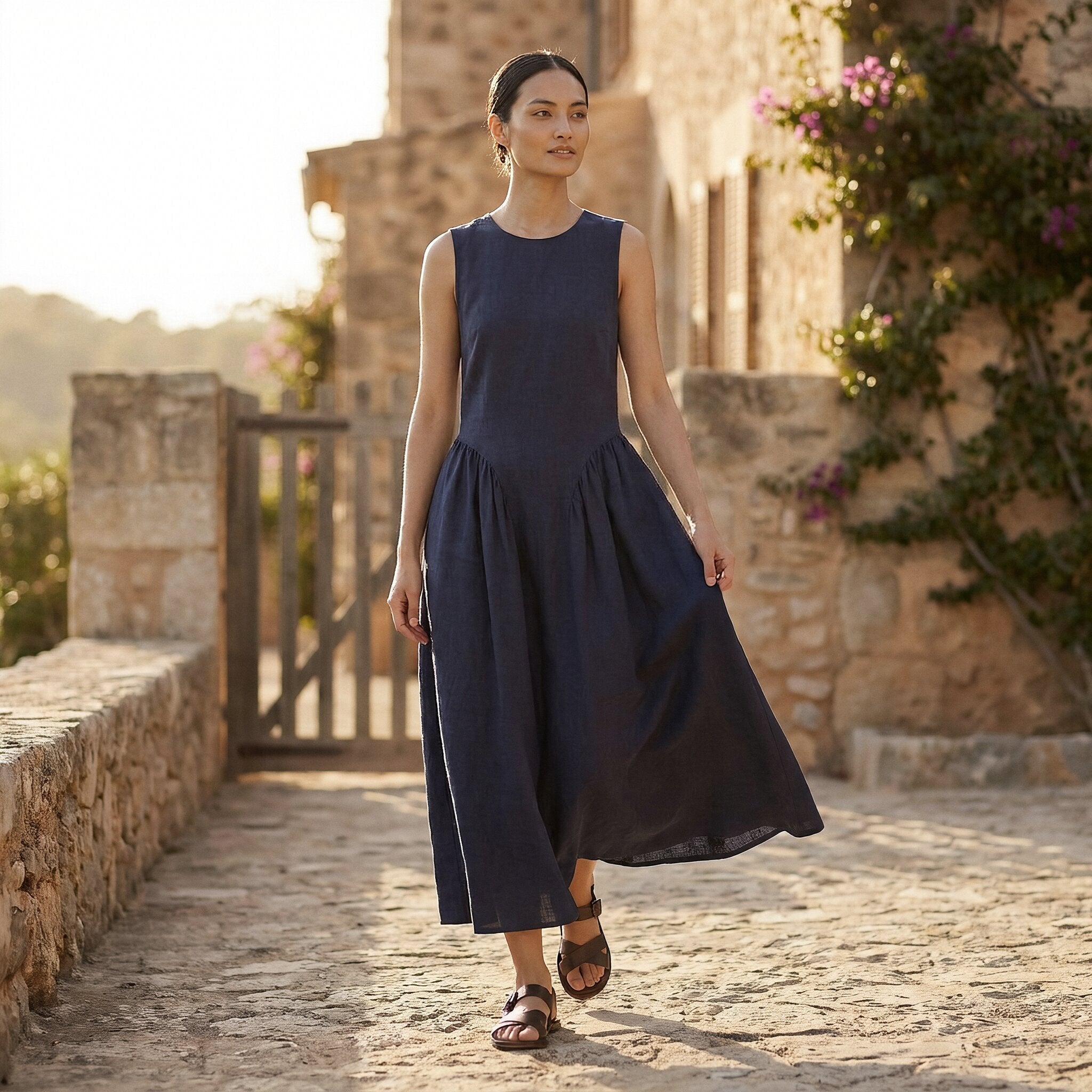 Navy Blue Cotton Flax Sleeveless Paneled Maxi Dress