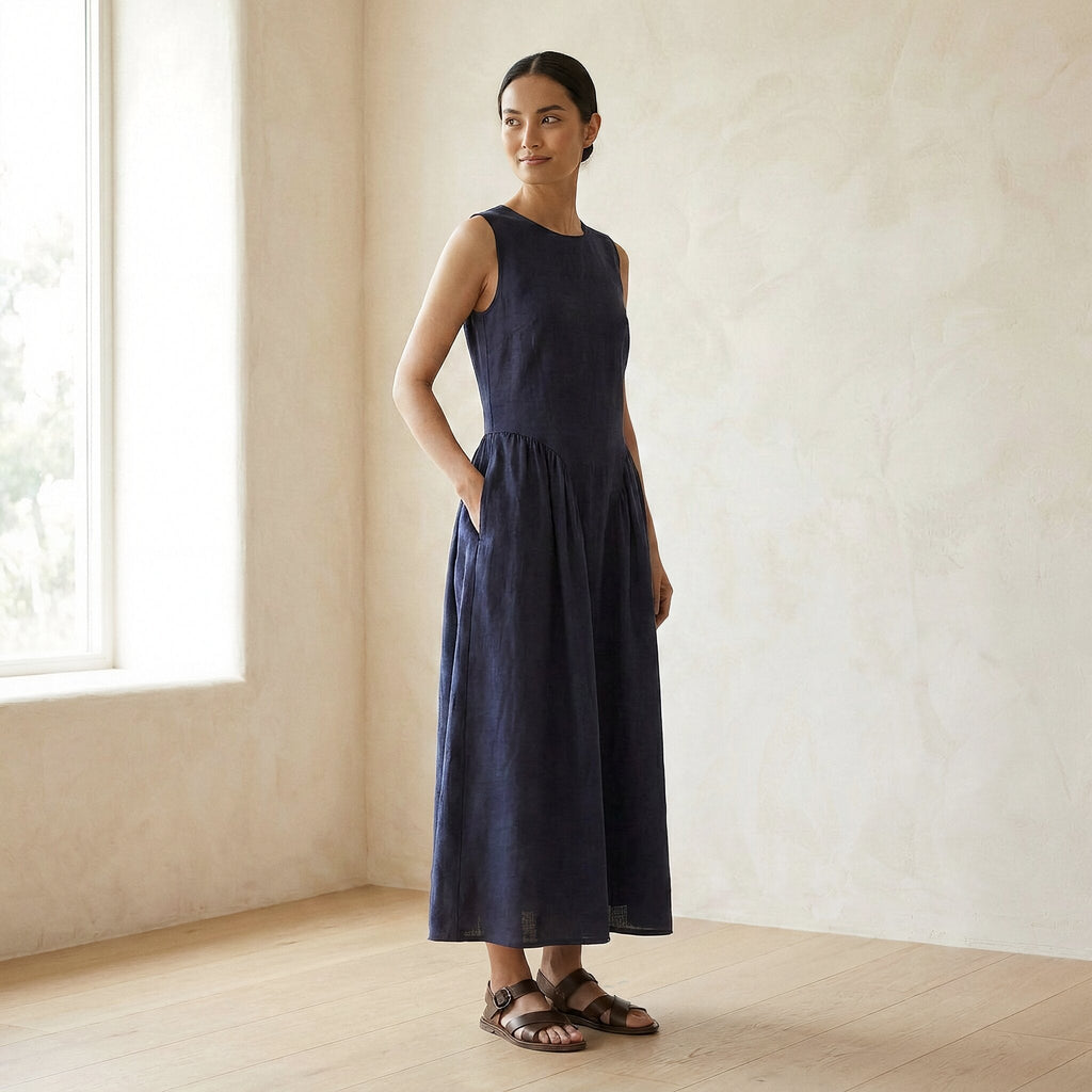 Navy Blue Cotton Flax Sleeveless Paneled Maxi Dress