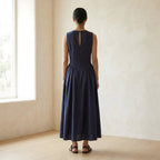 Navy Blue Cotton Flax Sleeveless Paneled Maxi Dress